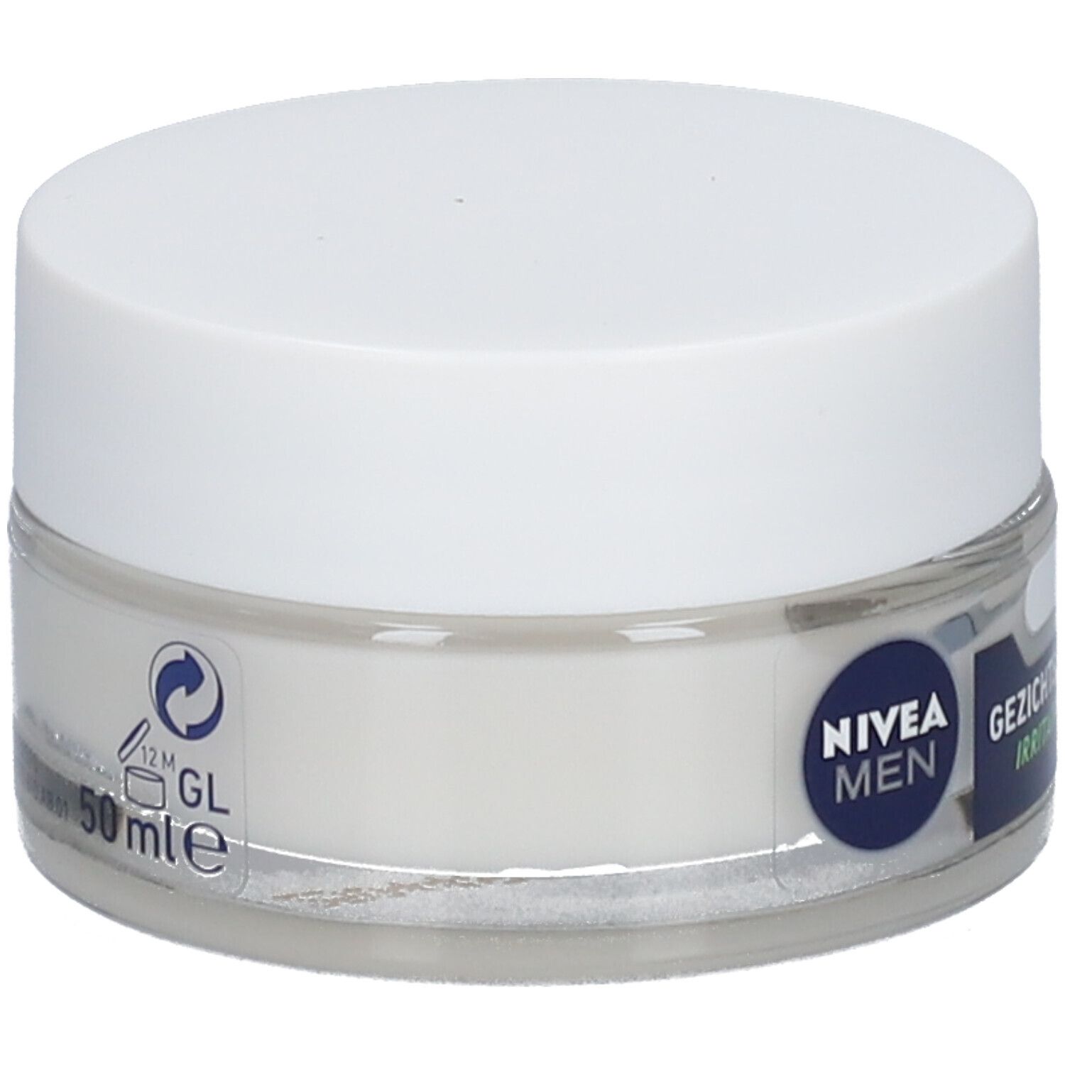Pot de crème avec couvercle blanc. Étiquette: NIVEA MEN, Sensitive, Crème Visage, Soulagement Irritations + 48H Hydratation. 50 ml.