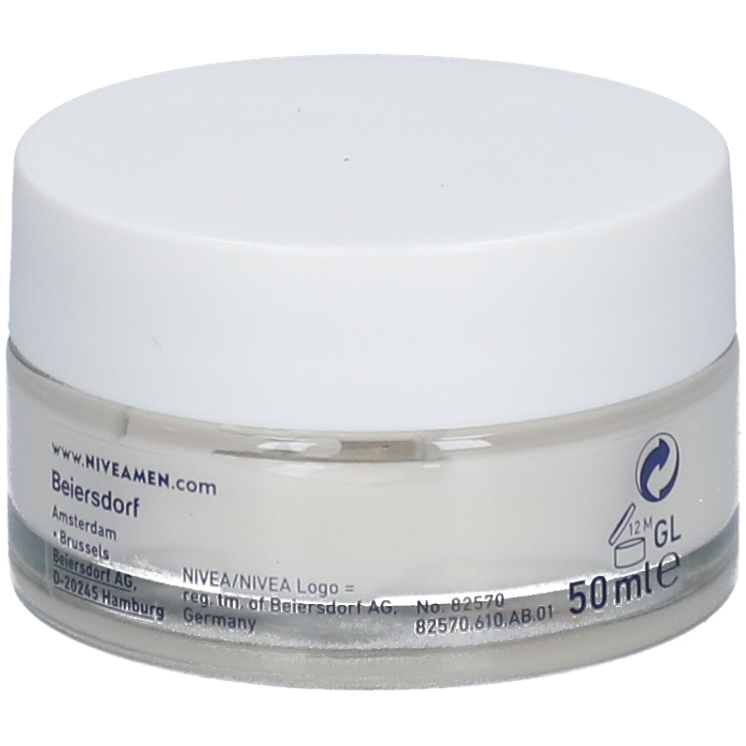 Pot de crème avec couvercle blanc. Étiquette: NIVEA MEN, Sensitive, Crème Visage, Soulagement Irritations + 48H Hydratation. 50 ml.
