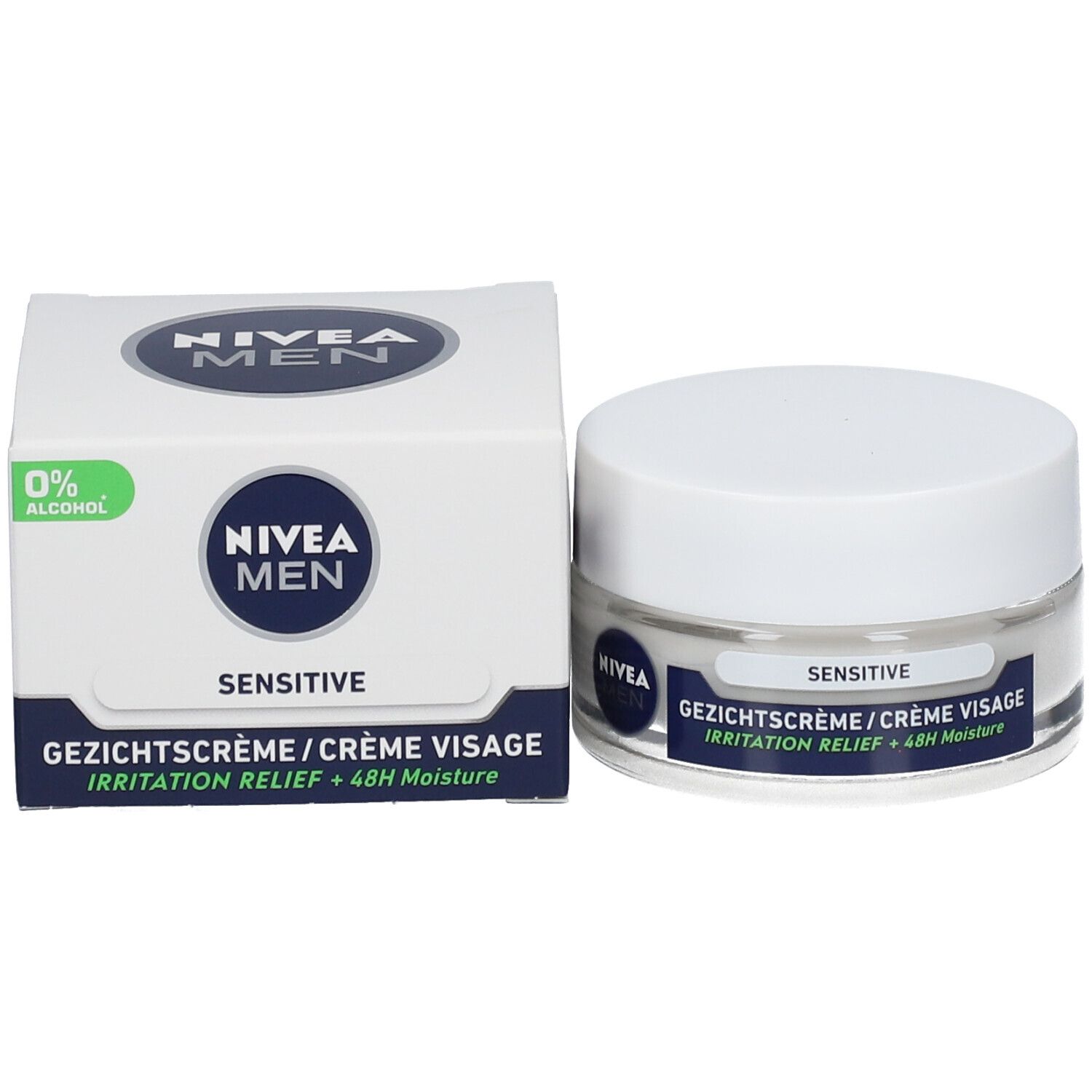 Pot de crème et boîte. Sur la boîte: NIVEA MEN, Sensitive, Crème Visage, Soulagement Irritations + 48H Hydratation. 0% alcool.