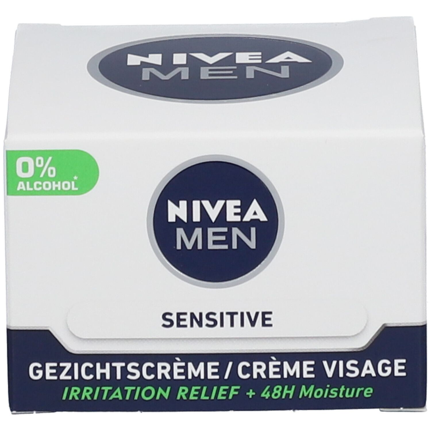 Boîte de crème NIVEA MEN Sensitive. Sur la boîte: 0% alcool, Crème Visage, Soulagement Irritations + 48H Hydratation.