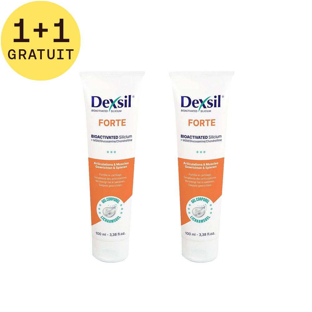 Deux tubes de gel Dexsil Forte. Emballage blanc et orange avec nom et logo. Inscription : 1+1 GRATUIT.