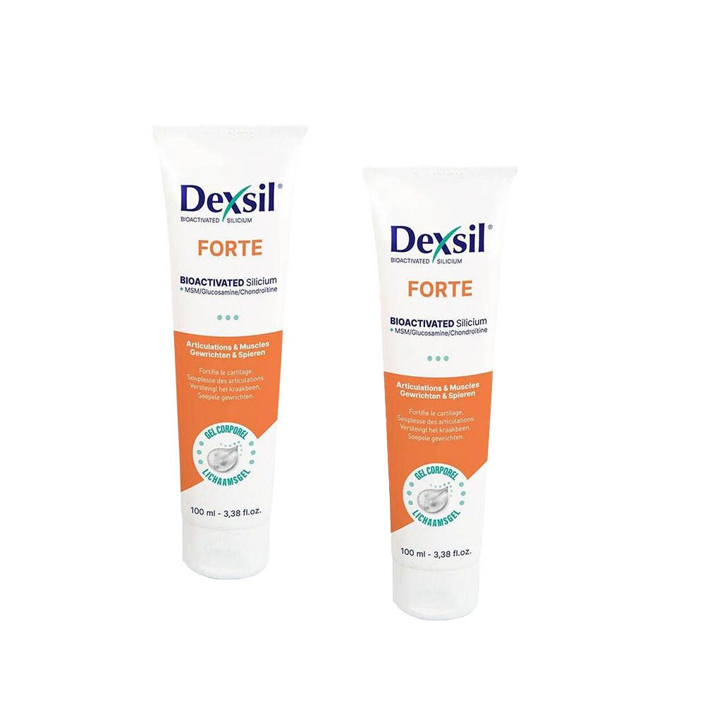 Deux tubes de gel Dexsil Forte. Tubes blancs avec section orange. Nom du produit et logo clairement visibles.
