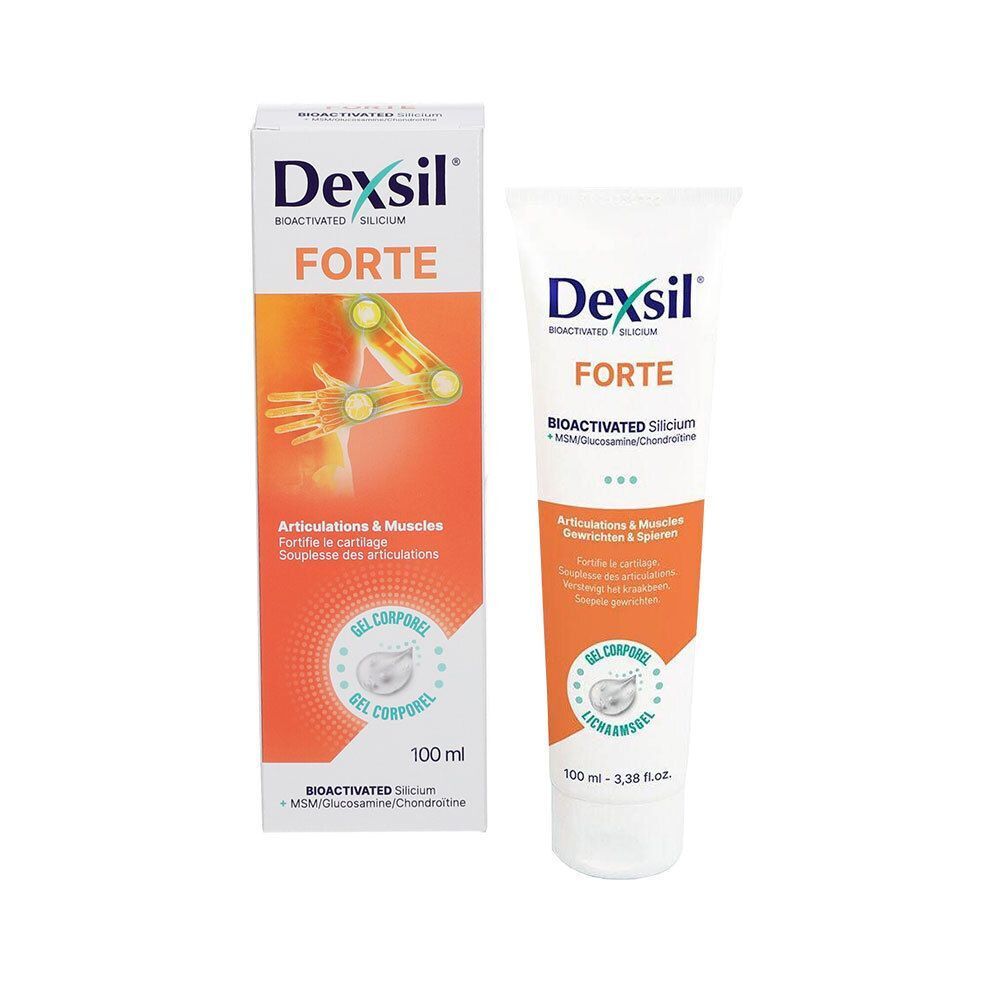 Dexsil Forte Tube und Schachtel. Weiße Tube mit orangefarbenem Etikett. Schachtel mit Produktinformationen.