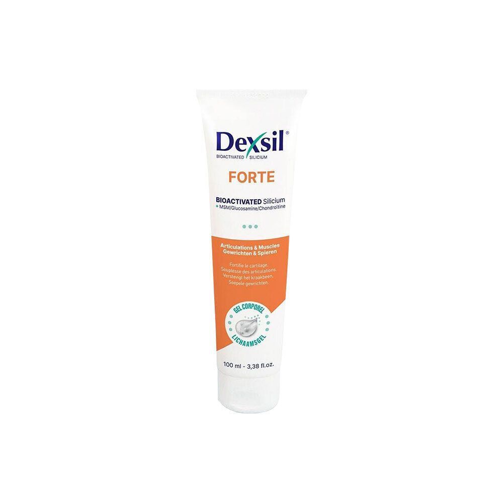Weiße Tube Dexsil Forte. Orangefarbenes Etikett mit Produktinformationen. 100 ml.