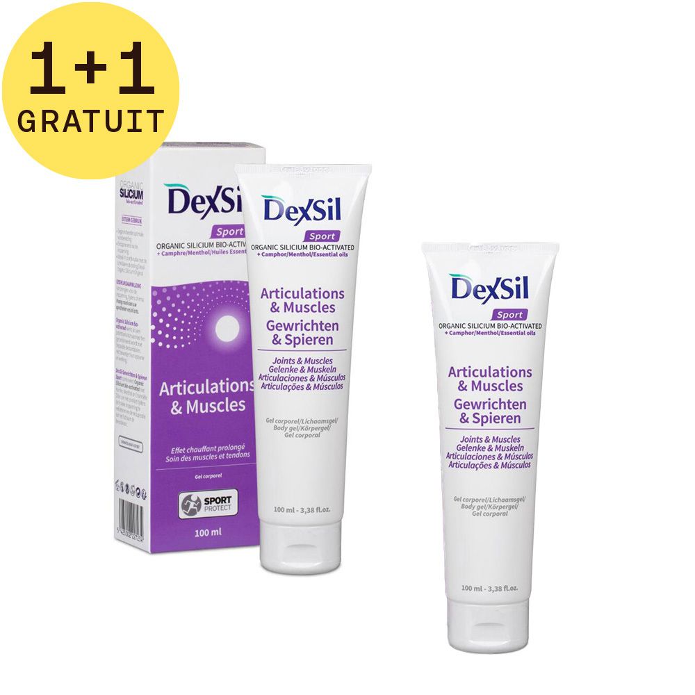 Deux tubes de Dexsil Sport Gel et une boîte. Inscription : Articulations & Muscles, 1+1 GRATUIT.