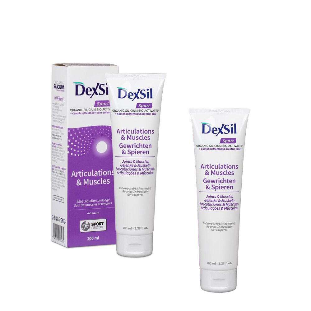 Deux tubes de Dexsil Sport Gel et une boîte. Inscription : Articulations & Muscles.