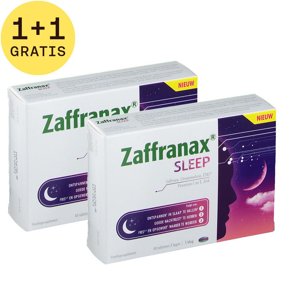 Twee dozen "Zaffranax Sleep". Opschrift "1+1 GRATIS". Op een doos "NIEUW".