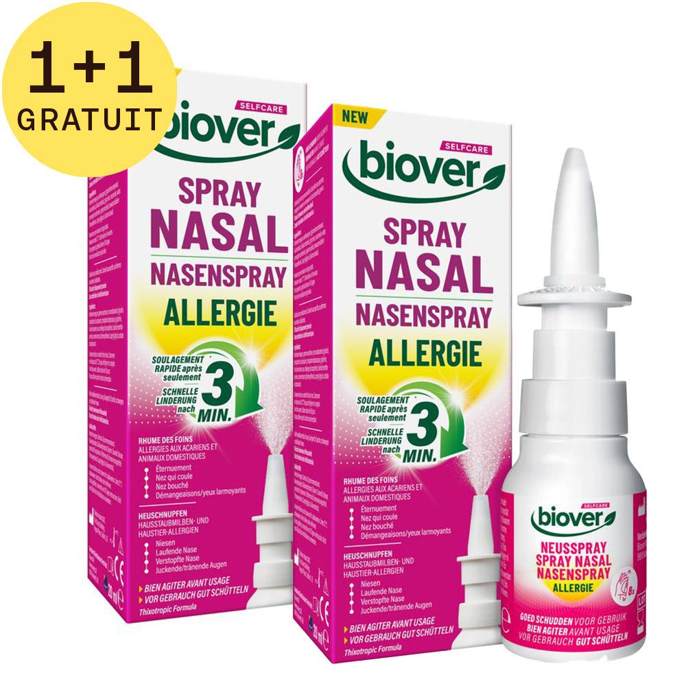 Deux boîtes et un flacon de spray nasal. Inscription: Biover, Spray Nasal Allergie. 1+1 gratuit.