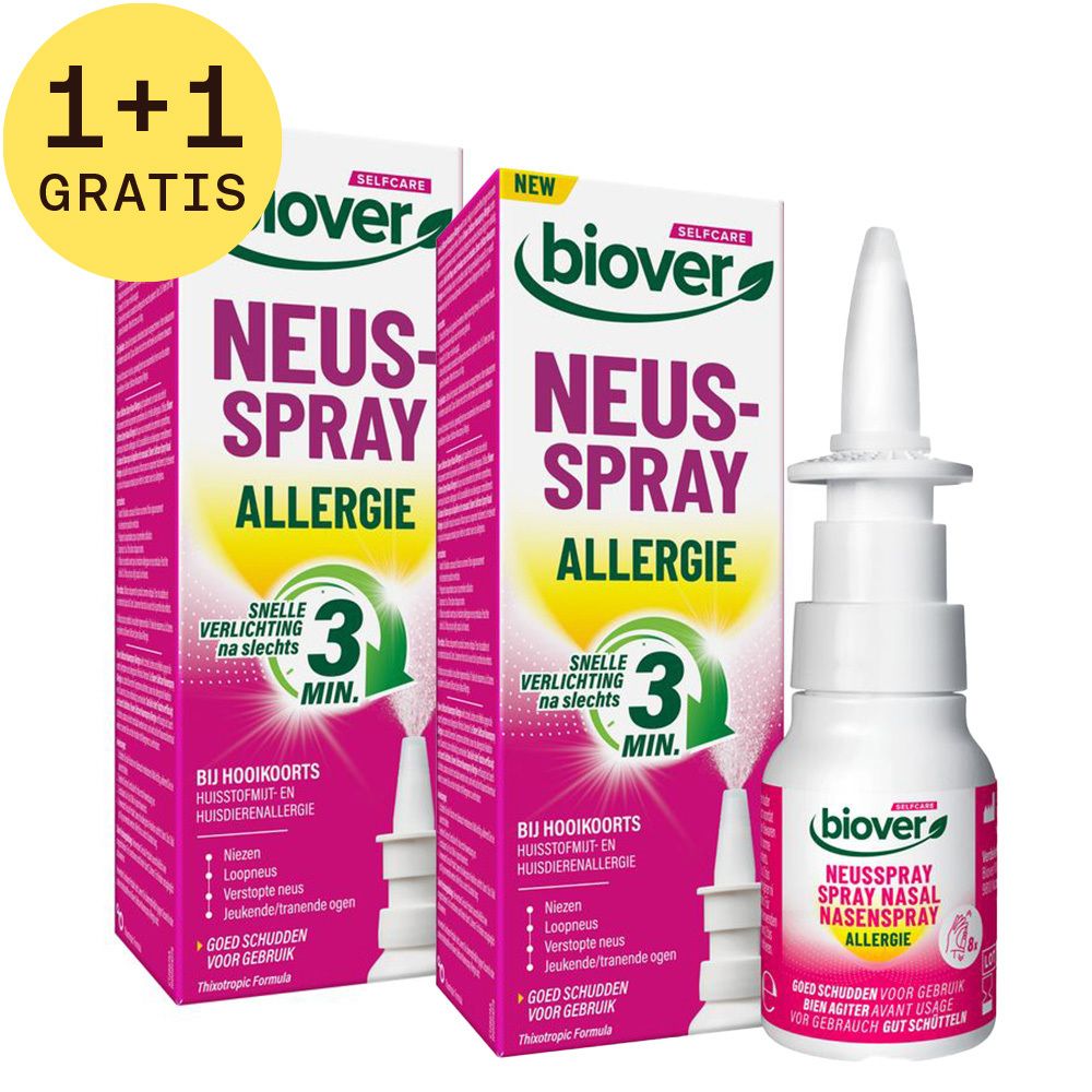 Twee dozen en een flesje neusspray. Opschrift: Biover, Neusspray Allergie. 1+1 gratis.