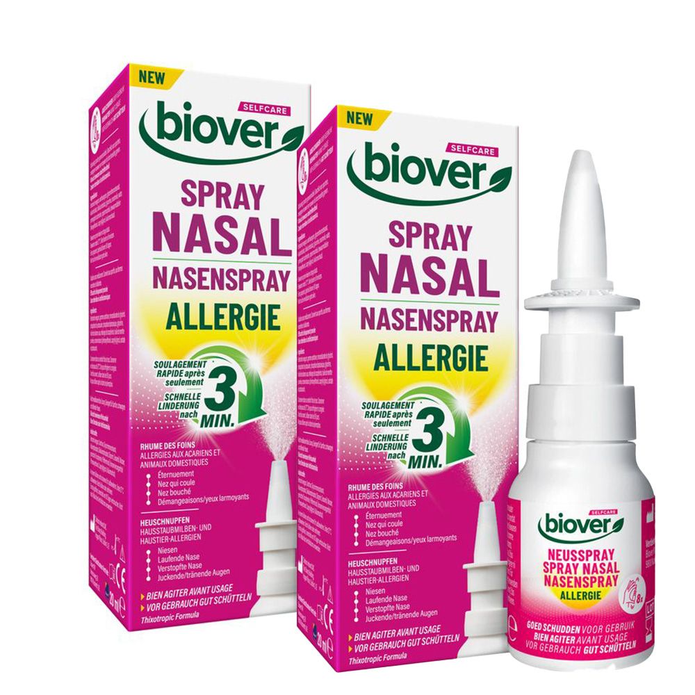 Deux boîtes et un flacon de spray nasal. Inscription: Biover, Spray Nasal Allergie.