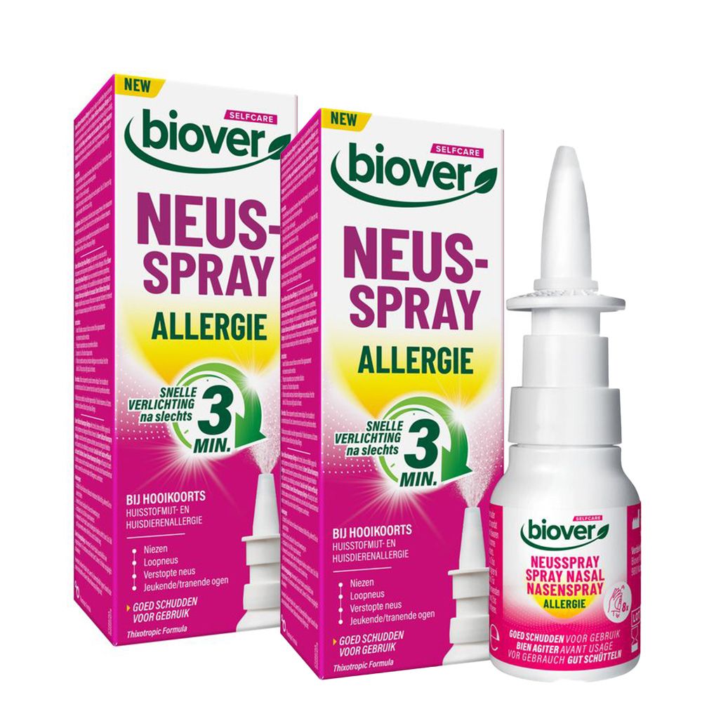 Twee dozen en een flesje neusspray. Opschrift: Biover, Neusspray Allergie.