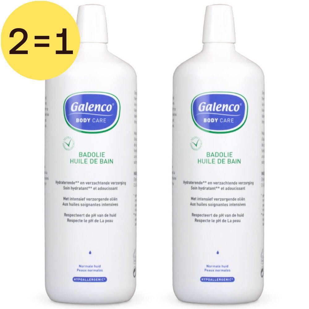 Twee witte flessen met blauwe etiketten. Etiket: "Galenco Body Care". Tekst: "Huile de Bain". Sticker: "1+1 GRATIS".