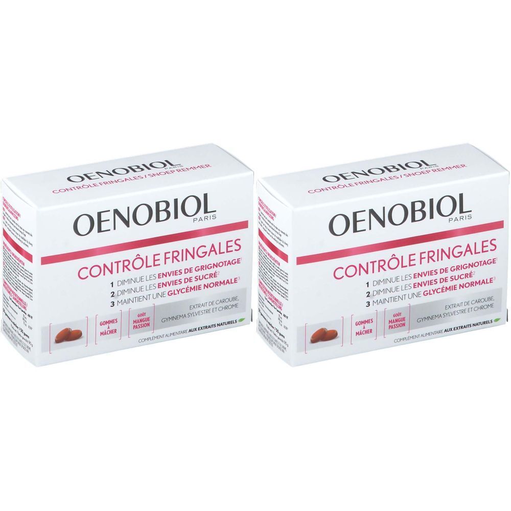 Deux boîtes blanches avec texte rouge et noir. Oenobiol Contrôle Fringales. Réduit les envies de grignotage et de sucre.