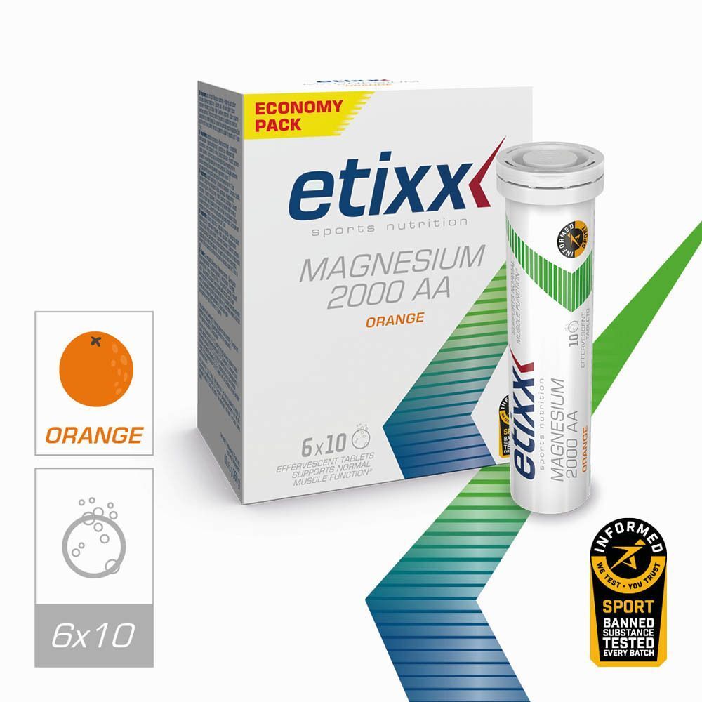 Etixx Magnésium 2000 AA, Orange. Un tube et une boîte de 6x10 comprimés effervescents. Avec symboles orange et 6x10.