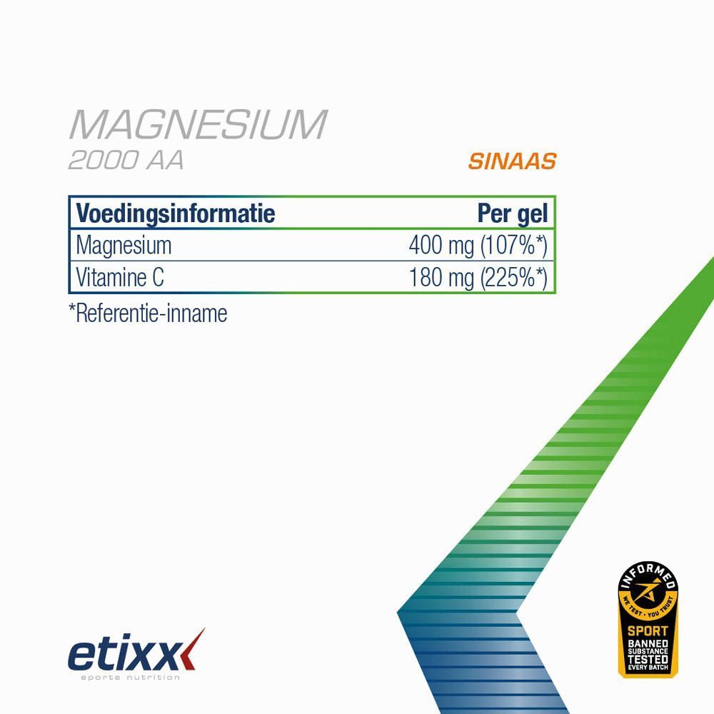 Voedingsinformatie voor Etixx Magnesium 2000 AA, Sinaasappel. Magnesium 400 mg (107%), Vitamine C 180 mg (225%).