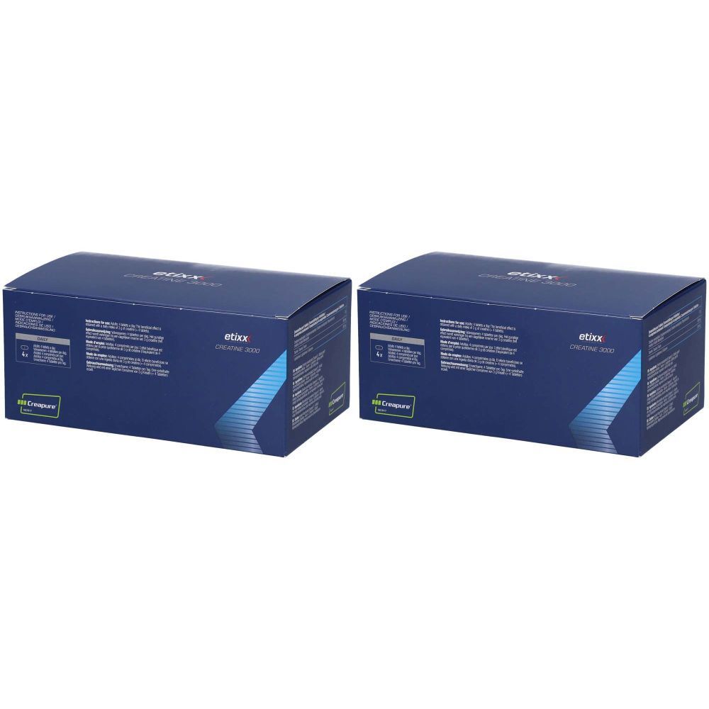 Deux boîtes bleues avec l'inscription "etixx Creatine 3000". Logos et texte sont imprimés sur les boîtes.