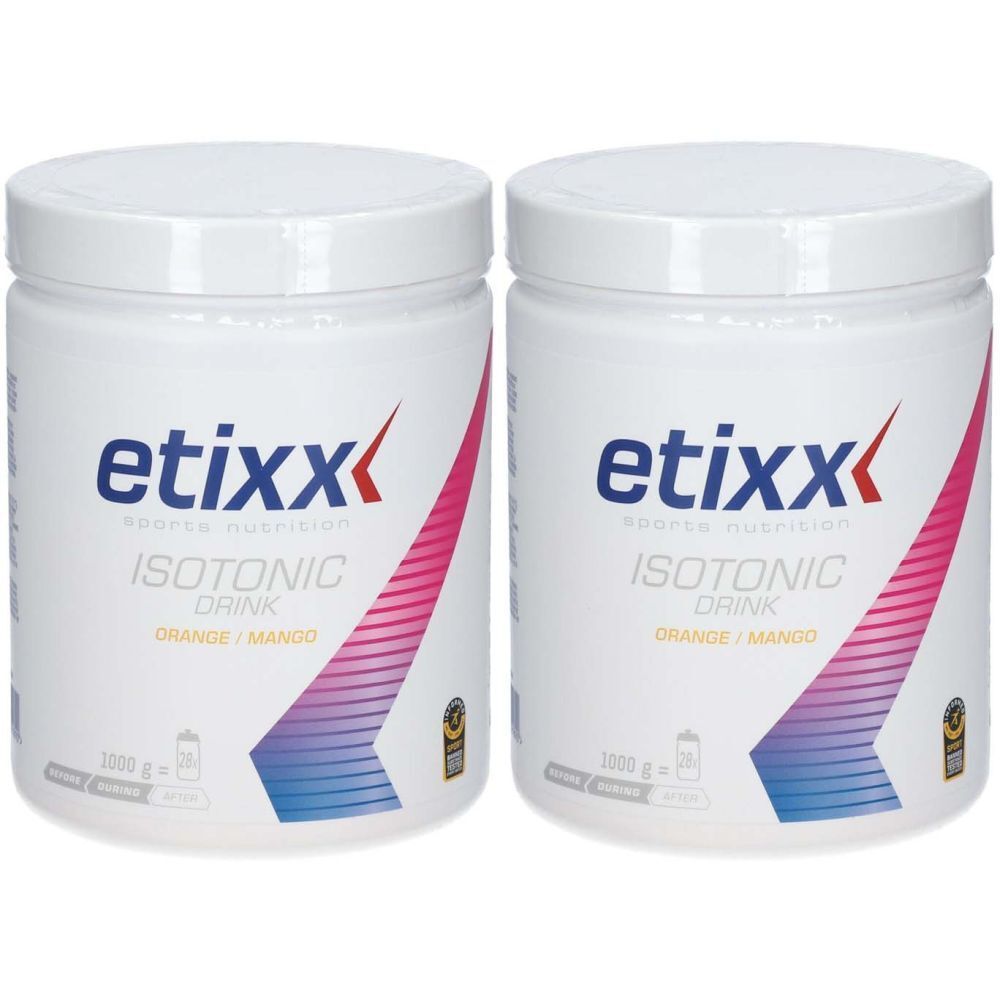 Deux pots blancs avec couvercles. Inscription : etixx, Isotonic Drink, Orange/Mango. Imprimés en rose, bleu et jaune.