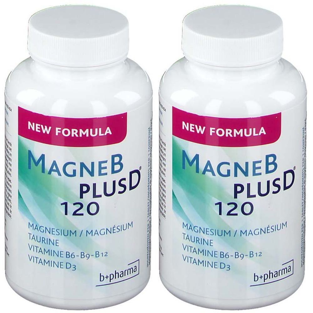 Deux flacons blancs avec MagneB PlusD 120. Ingrédients : magnésium, taurine, vitamines B6, B9, B12, D3. Marque b+pharma. Nouvelle formule.