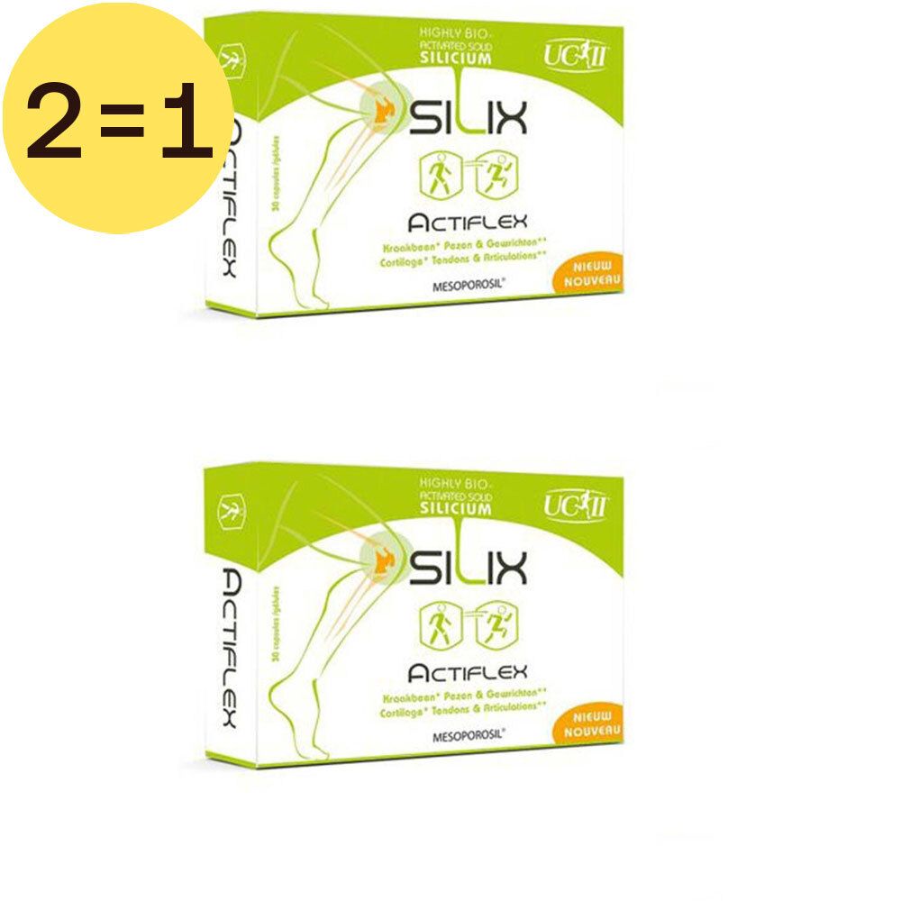 Deux boîtes de Silix Actiflex. Design vert et blanc avec nom et logo du produit. Inscription '1+1 GRATUIT'.