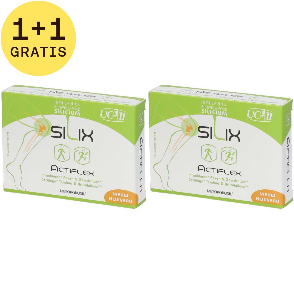 Twee dozen Silix Actiflex. Groen-wit ontwerp met productnaam en logo. Opschrift '1+1 GRATIS'.