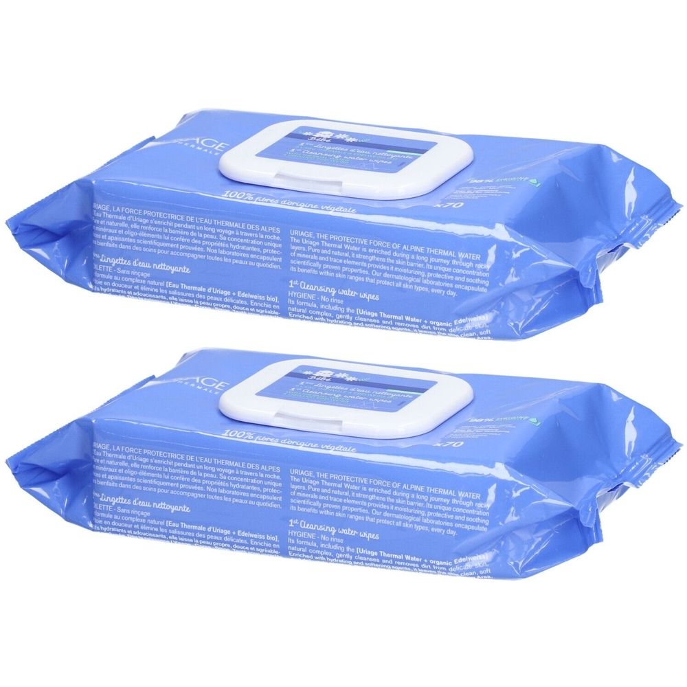 Zwei blaue Packungen Reinigungstücher. Jede Packung hat einen weißen Deckel mit Öffnung. Text auf der Verpackung.