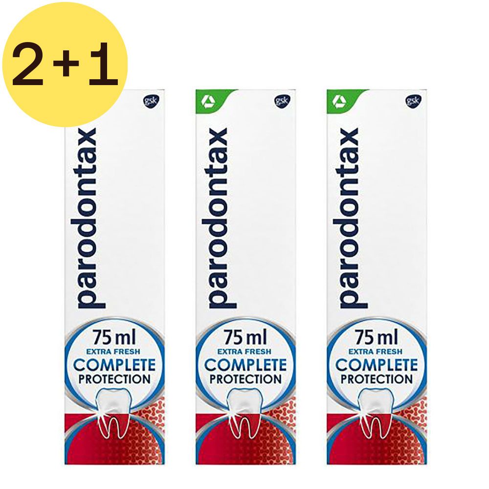 Trois tubes de dentifrice "Parodontax", "Extra Fresh" et "Complete Protection". Symbole jaune 2+1 gratuit.