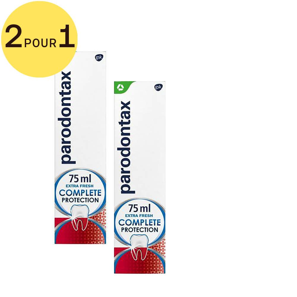 Deux tubes de dentifrice "Parodontax", "Extra Fresh" et "Complete Protection". Symbole jaune: 2 pour 1.