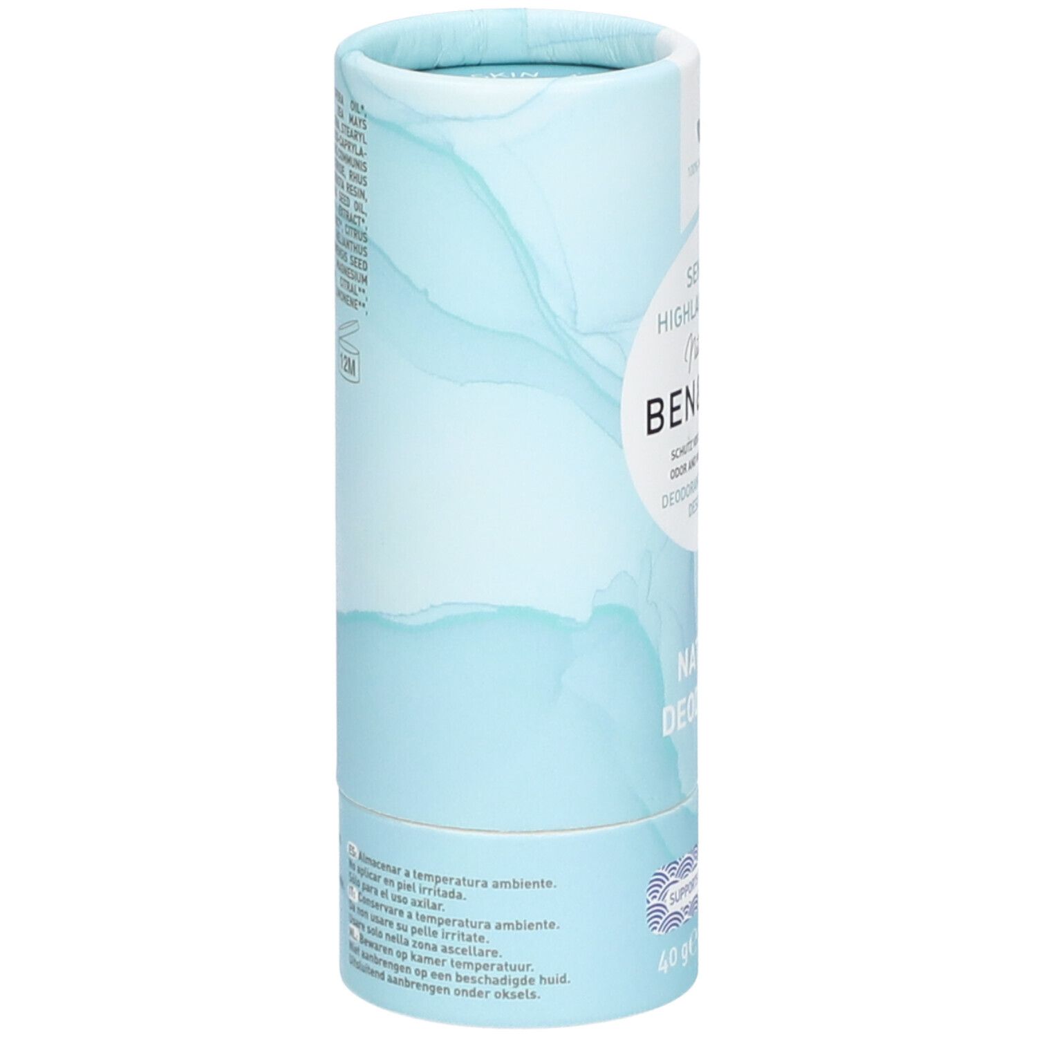 Zylindrische Verpackung mit blauem Farbverlauf. Text: Sensitive Highland Breeze, Ben & Anna, Natural Deodorant. Vegan. Rückseite mit Text.