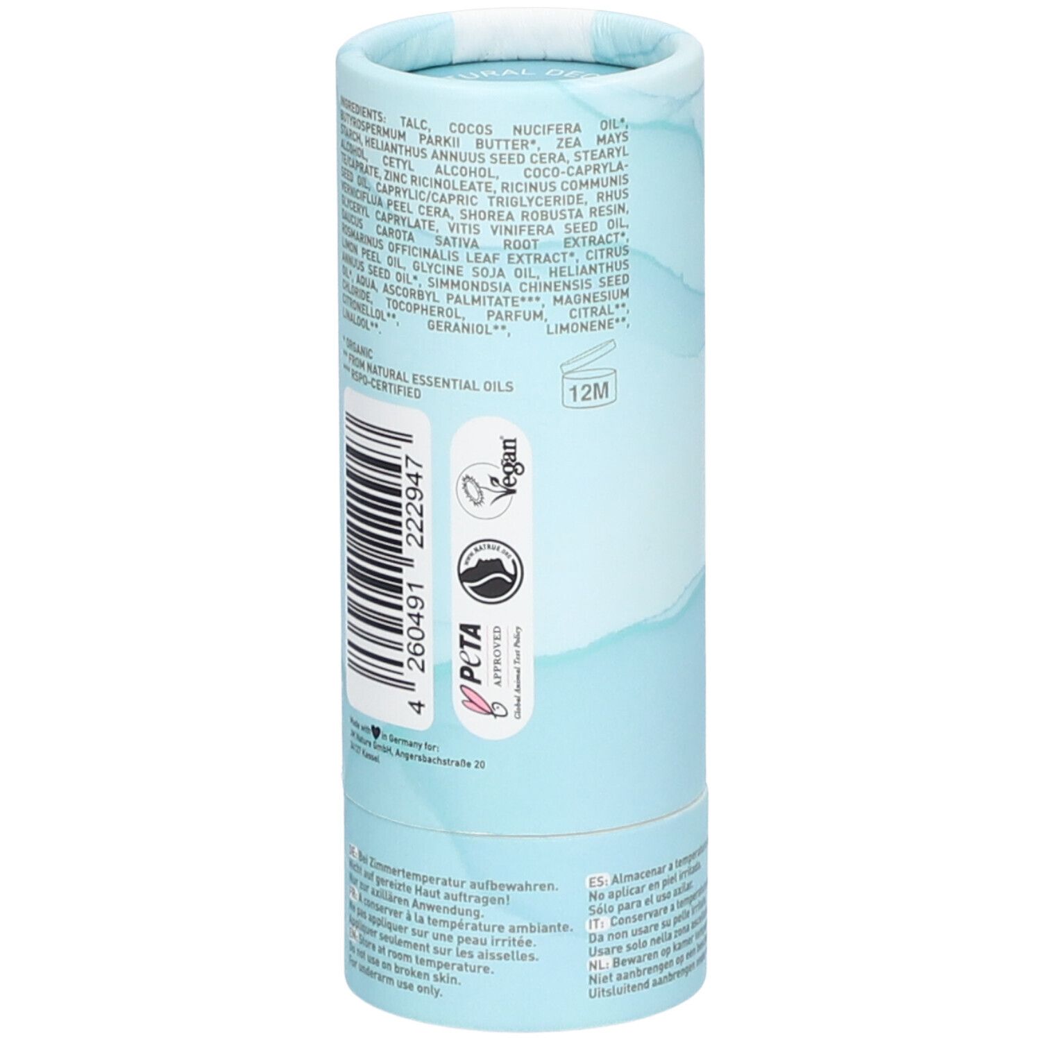 Zylindrische Verpackung mit blauem Farbverlauf. Zutatenliste, Vegan-Siegel, PETA-Logo. Text: 12M.