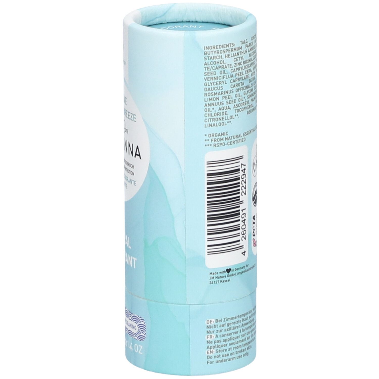 Zylindrische Verpackung mit blauem Farbverlauf. Zutatenliste, Vegan-Siegel, PETA-Logo. Text: 12M.
