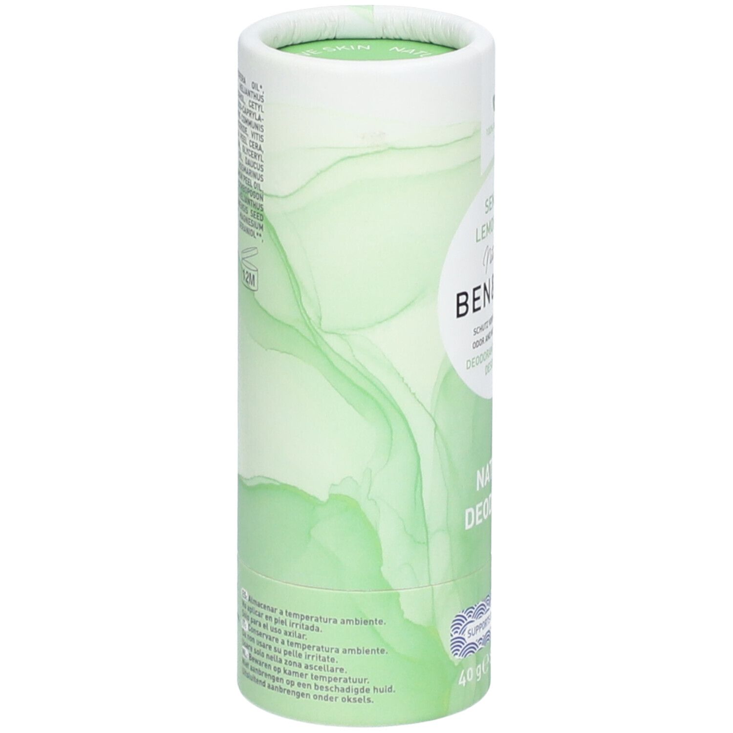 Zylindrische Verpackung. Grüne Farbverläufe. Text: Inhaltsstoffe, Vegan, PETA-Logo, 12M. Rückseite mit Text in mehreren Sprachen.