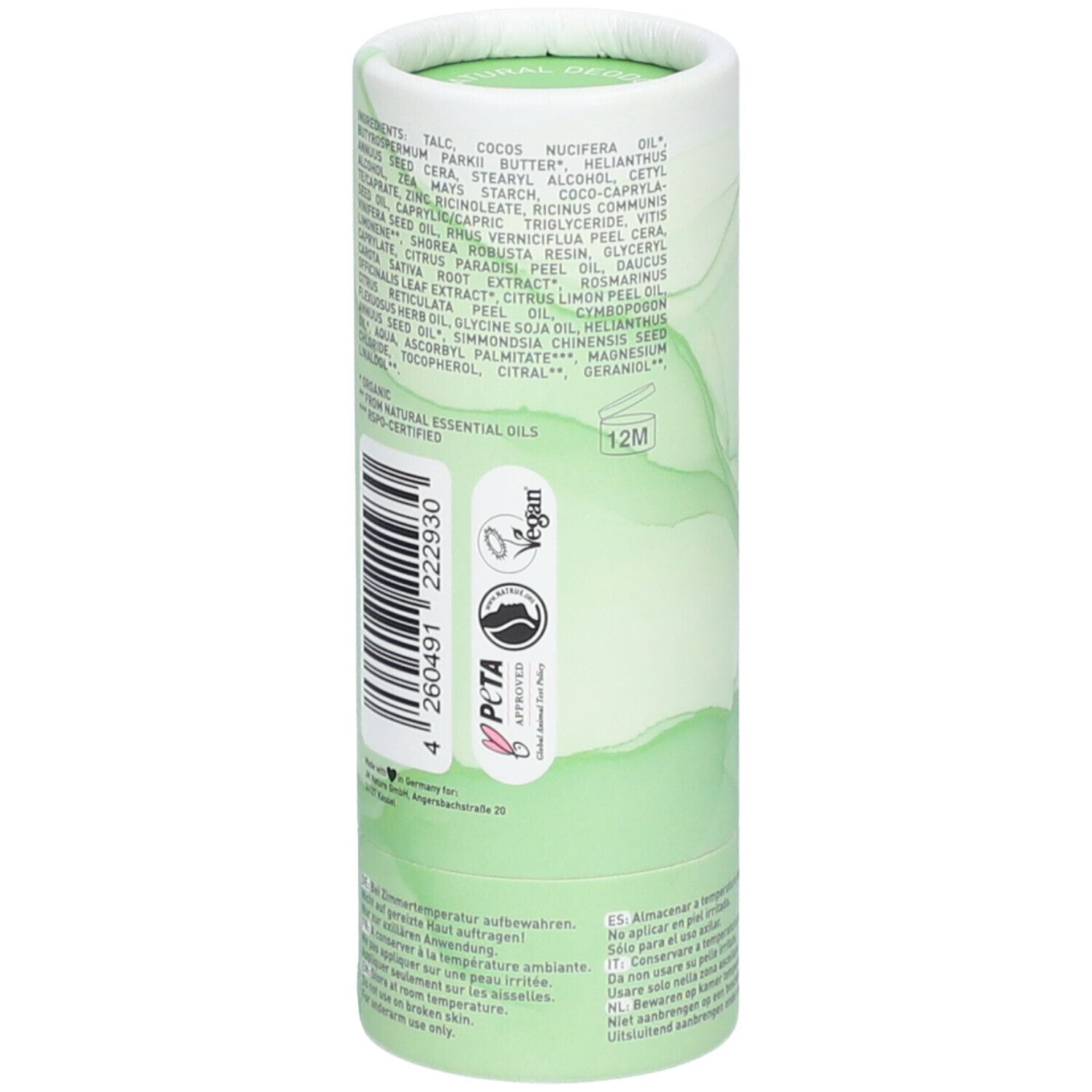 Zylindrische Verpackung. Rückseite mit Inhaltsstoffen, Vegan-Logo, PETA-Logo, 12M. Barcode. Text in mehreren Sprachen.