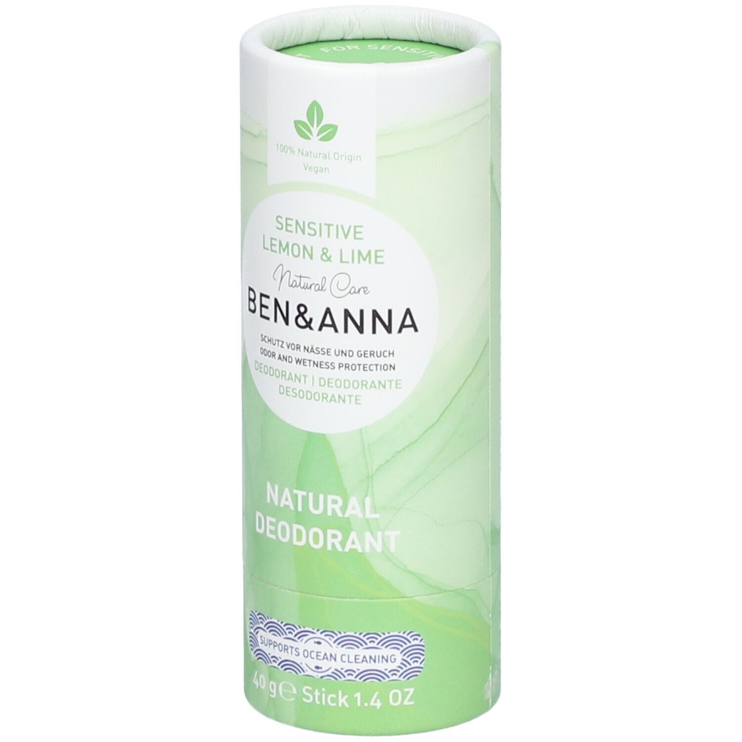 Zylindrische Verpackung. Aufschrift: Sensitive Lemon & Lime, Natural Care, Ben & Anna, Natural Deodorant. 40 g Stick.