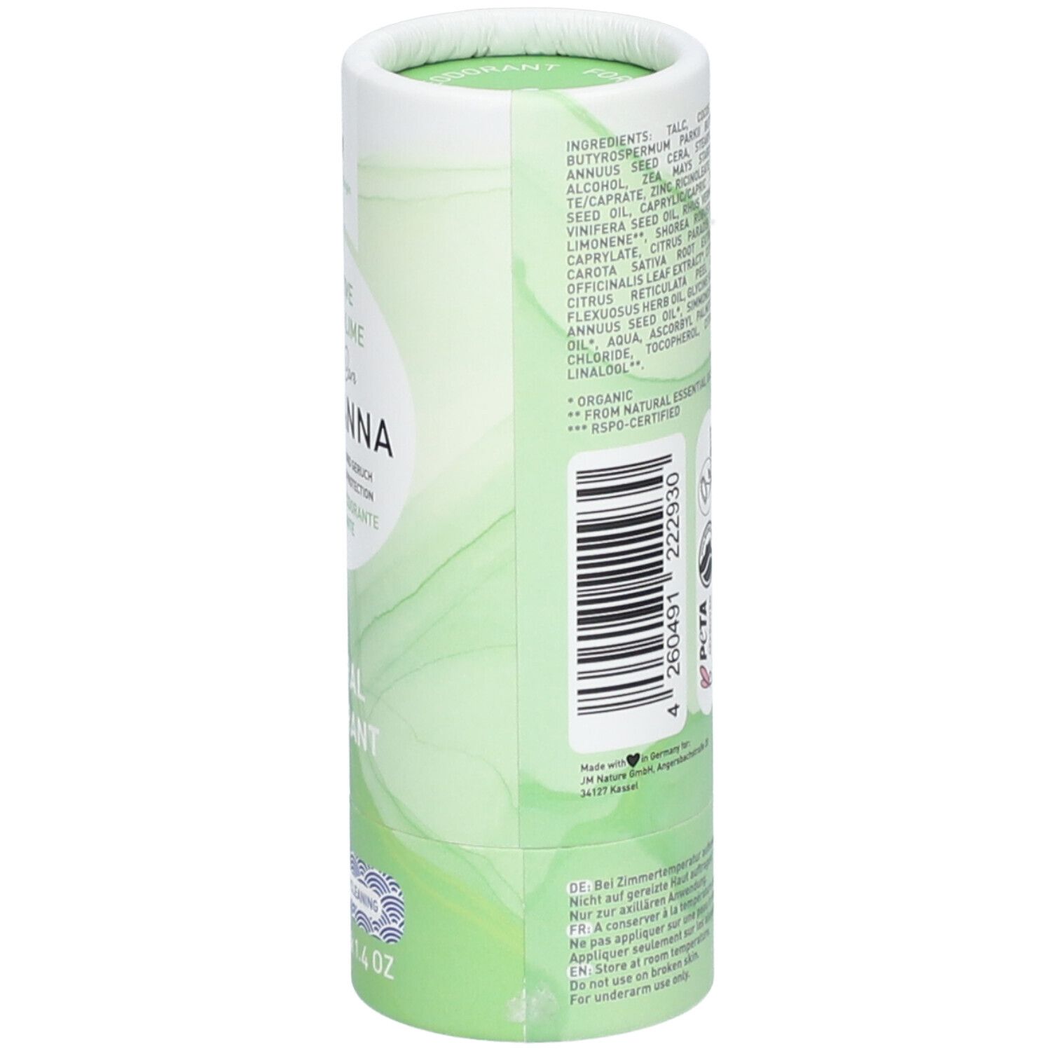 Zylindrische Verpackung. Rückseite mit Inhaltsstoffen, Vegan-Logo, PETA-Logo, 12M. Barcode. Text in mehreren Sprachen.