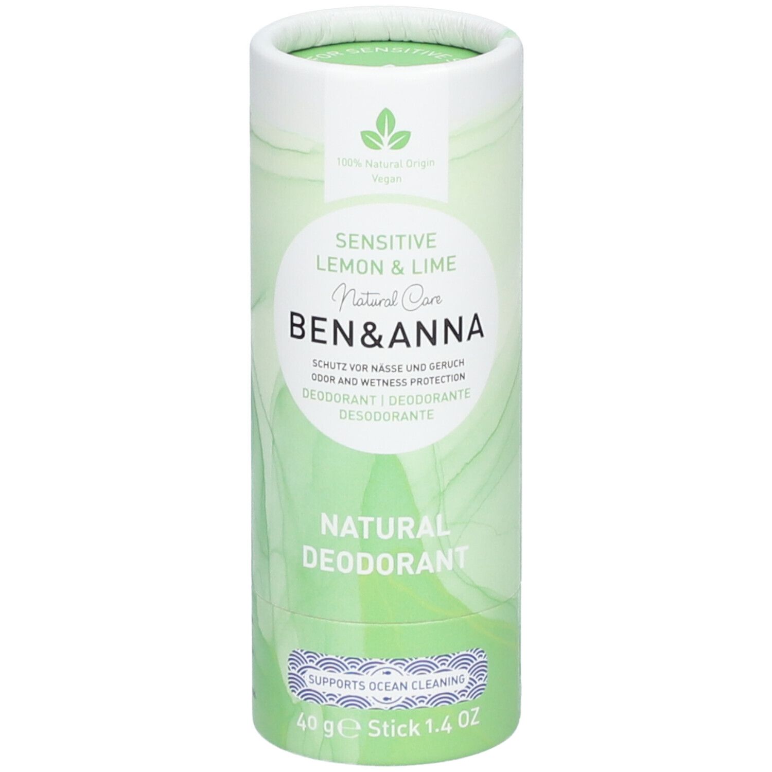 Zylindrische Verpackung. Aufschrift: Sensitive Lemon & Lime, Natural Care, Ben & Anna, Natural Deodorant. 40 g Stick.