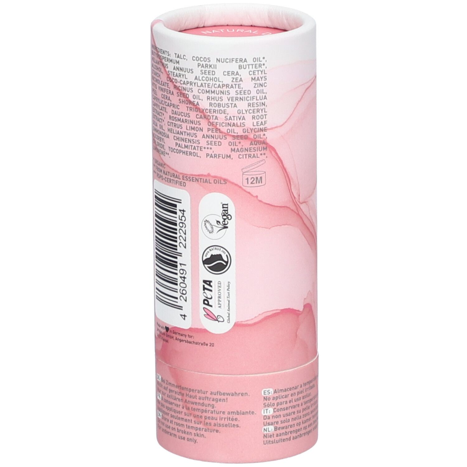 Emballage cylindrique. Design rose et blanc. Liste des ingrédients, logo Vegan, logo PETA. Code-barres. Symbole 12M.