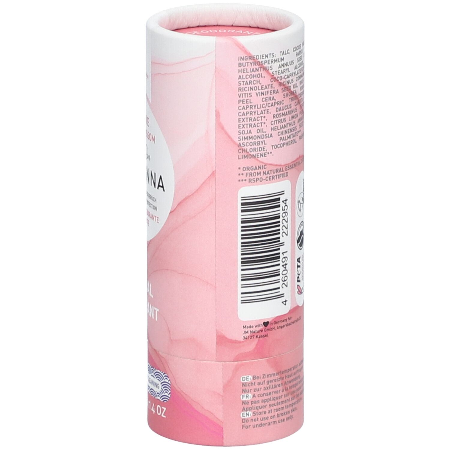 Emballage cylindrique. Design rose et blanc. Liste des ingrédients, logo Vegan, logo PETA. Code-barres. Symbole 12M. Vue latérale.