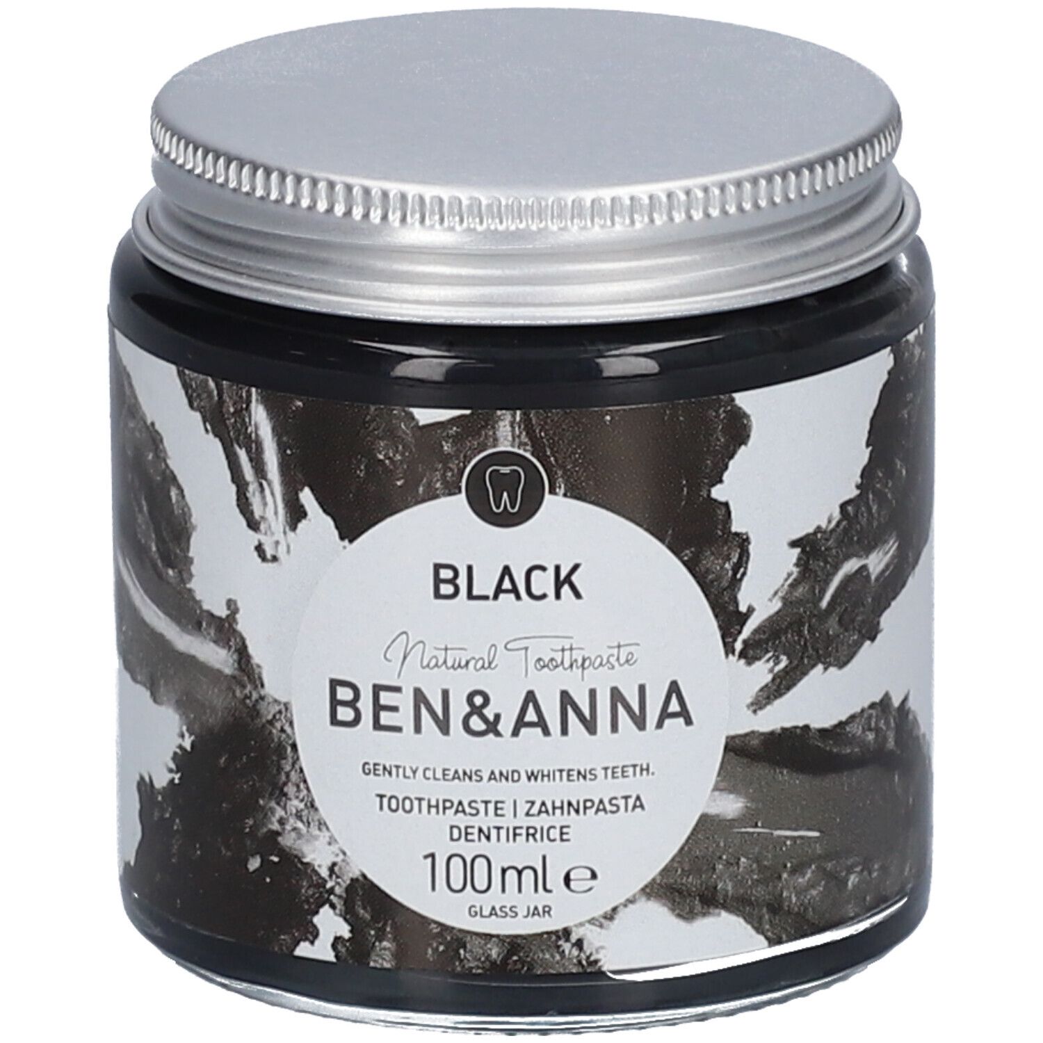 Schwarzes Zahnpasta-Glas mit silbernem Deckel. Aufkleber mit Text: BLACK, BEN & ANNA, Zahnpasta, 100ml.