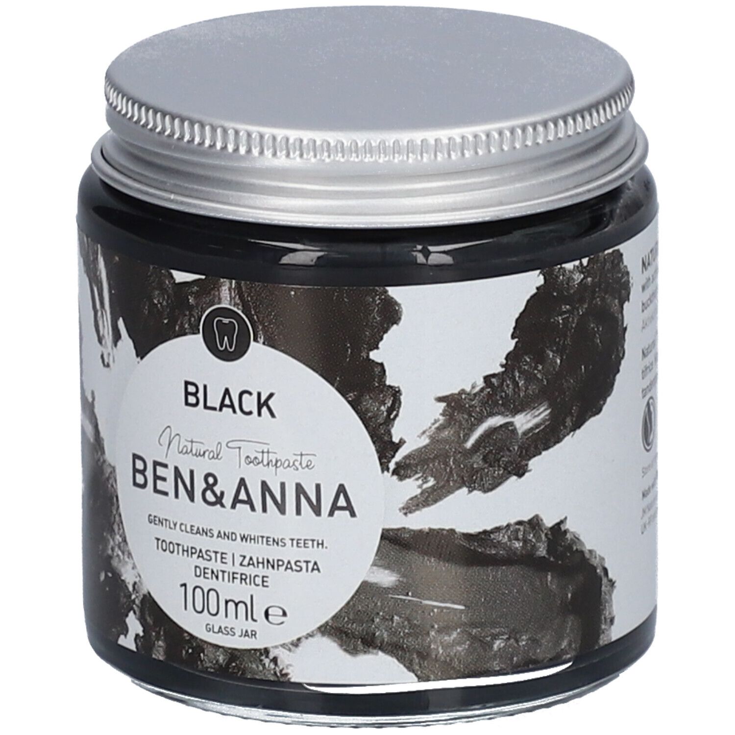Schwarzes Zahnpasta-Glas mit silbernem Deckel. Aufkleber mit Text: BLACK, BEN & ANNA, Zahnpasta, 100ml.
