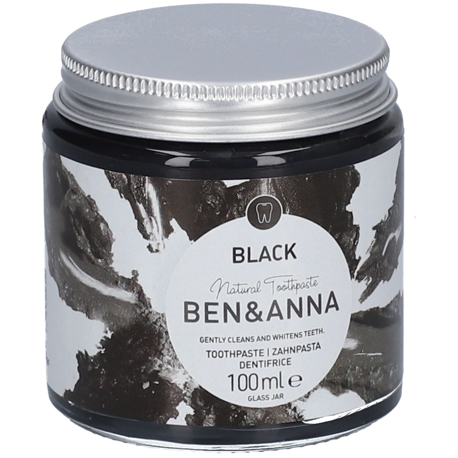 Schwarzes Zahnpasta-Glas mit silbernem Deckel. Aufkleber mit Text: BLACK, BEN & ANNA, Zahnpasta, 100ml.
