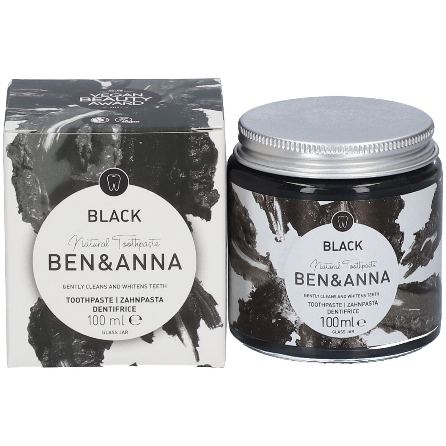 Zahnpasta-Glas und Schachtel. Aufkleber und Schachtel mit Text: BLACK, BEN & ANNA, Zahnpasta, 100ml.