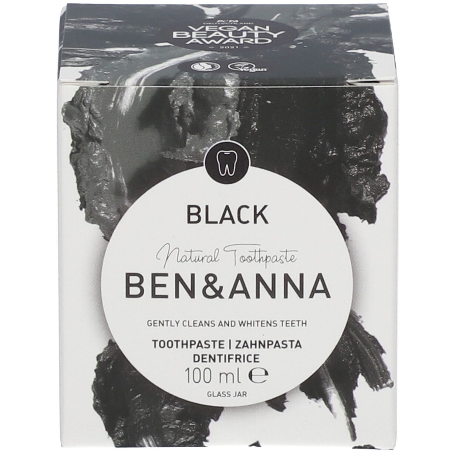 Zahnpasta-Schachtel. Text: BLACK, BEN & ANNA, Zahnpasta, 100ml, Vegan Beauty Award.