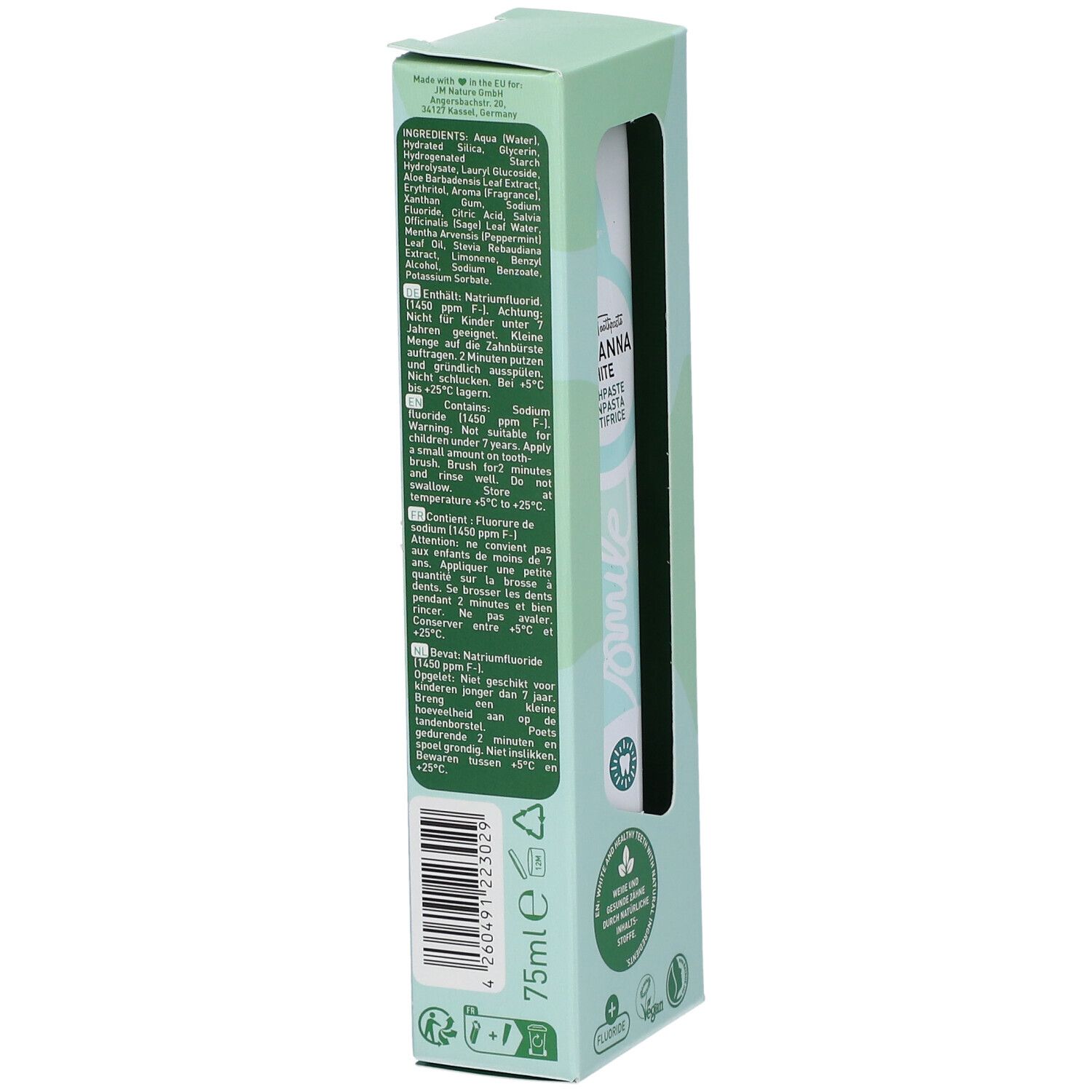 Rückseite der Zahnpasta-Schachtel. Inhaltsstoffe, Anwendungshinweise und Zertifizierungen. Aufschrift: 75ml, Vegan, Fluorid.
