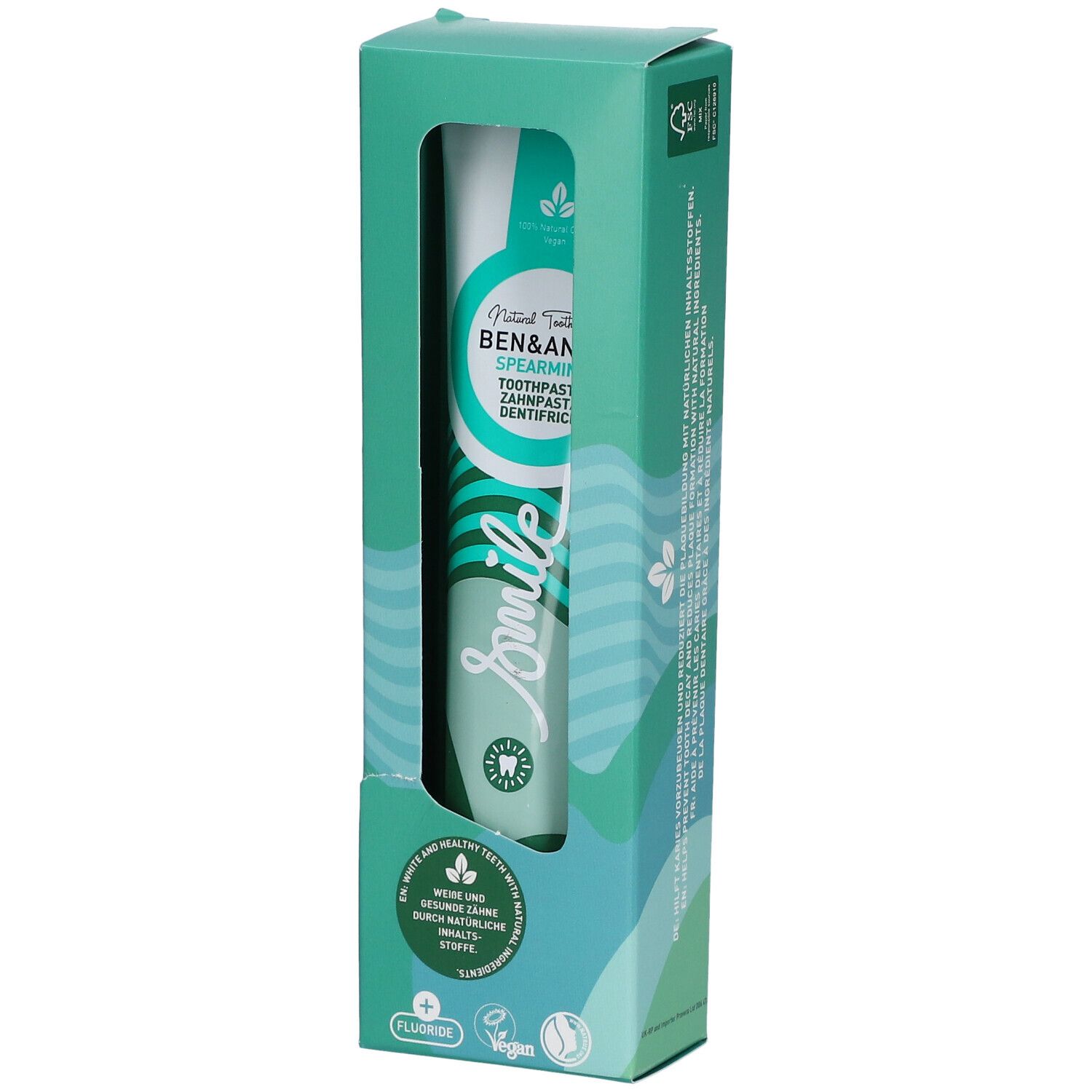 Dentifrice en boîte. Marque Ben & Anna, saveur menthe verte. Design vert et blanc. Fenêtre.