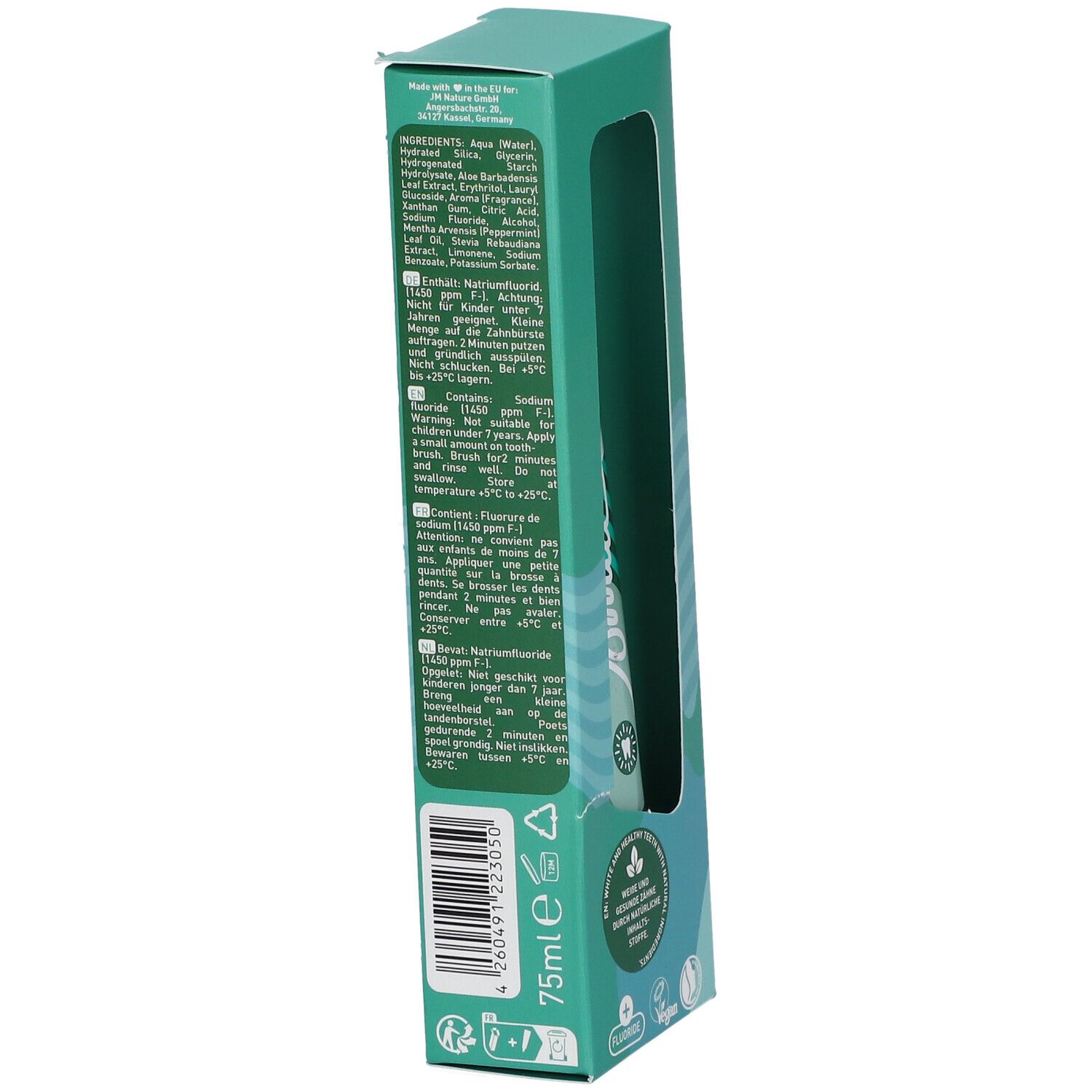 Boîte de dentifrice. Dos avec ingrédients et avertissements. 75ml.