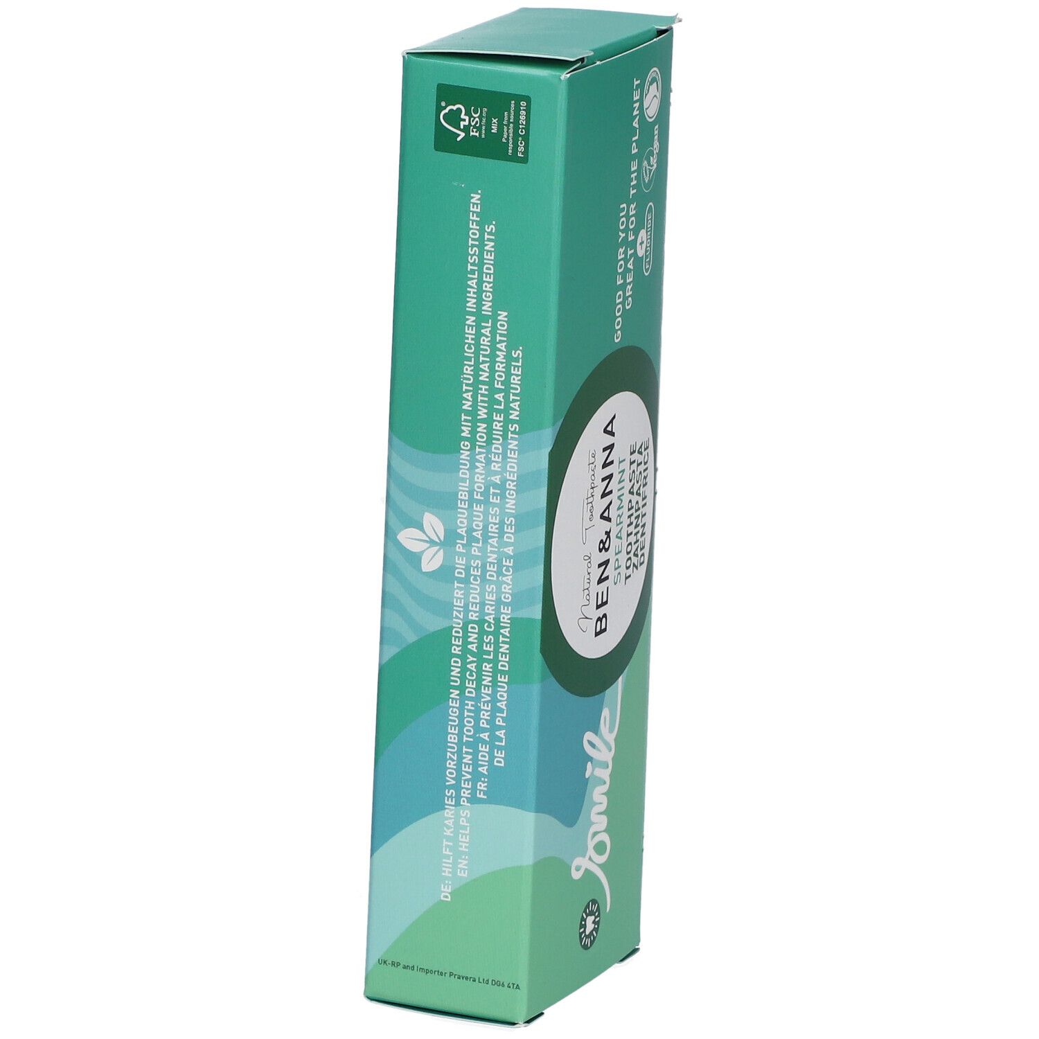Boîte de dentifrice. Marque Ben & Anna, saveur menthe verte. Design vert et blanc. Texte.