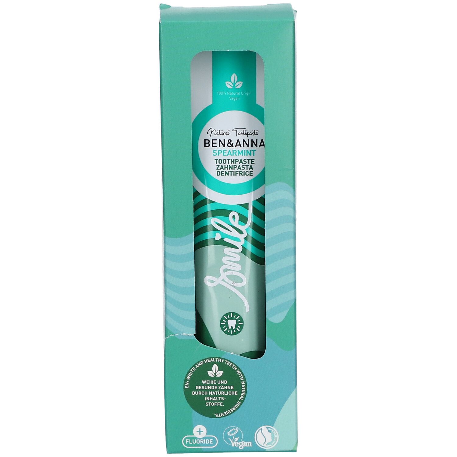 Dentifrice en boîte. Marque Ben & Anna, saveur menthe verte. Design vert et blanc. Fenêtre.