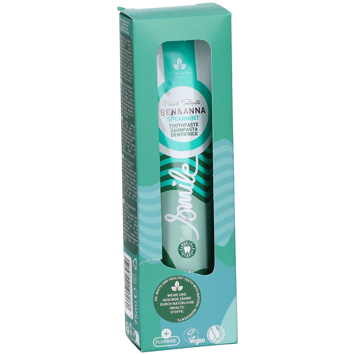 Dentifrice en boîte. Marque Ben & Anna, saveur menthe verte. Design vert et blanc. Fenêtre.