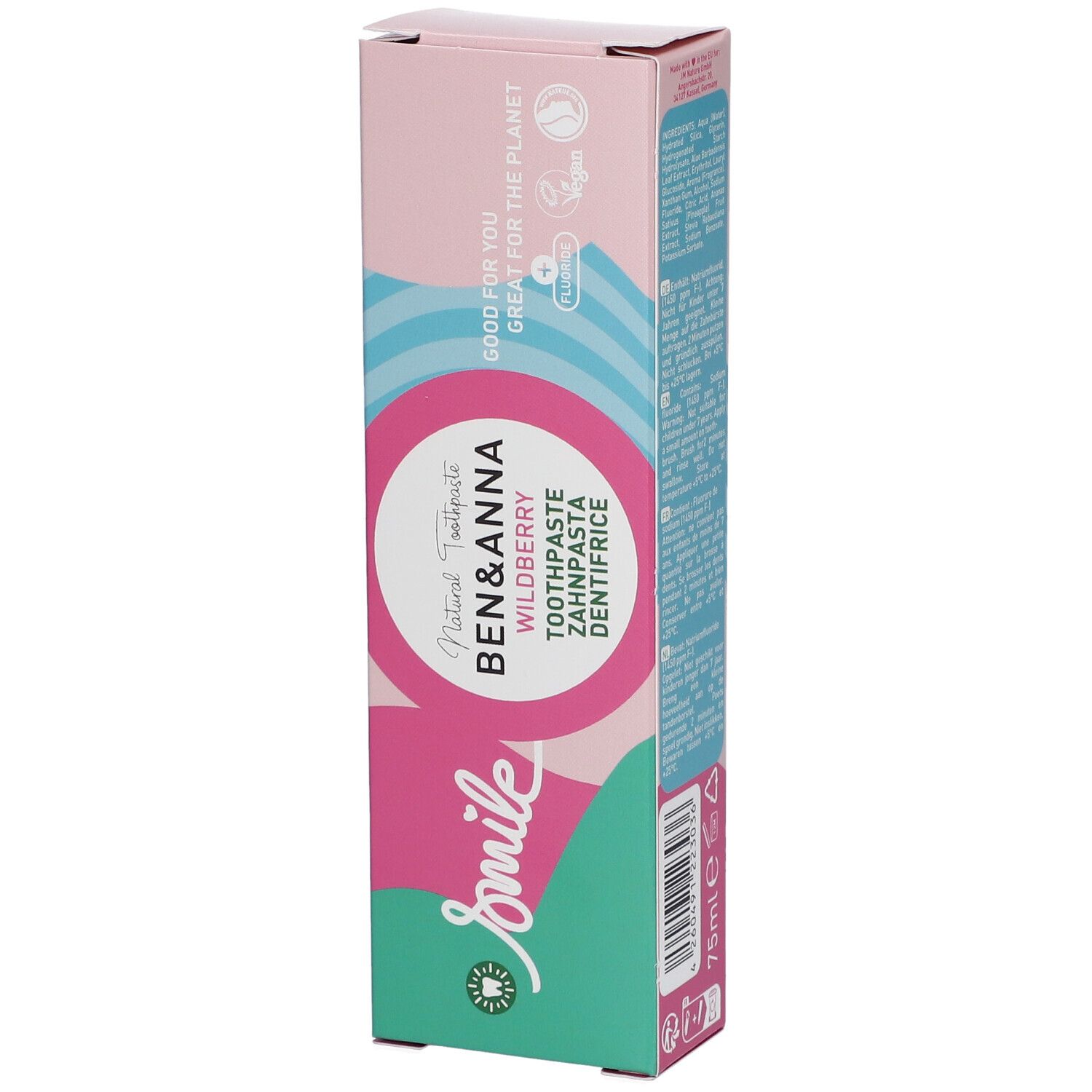 Zahnpasta-Verpackung, schräg. Rosa-weißes Design mit Produktnamen und Logo. Aufschrift 'Smile' und '75ml'.