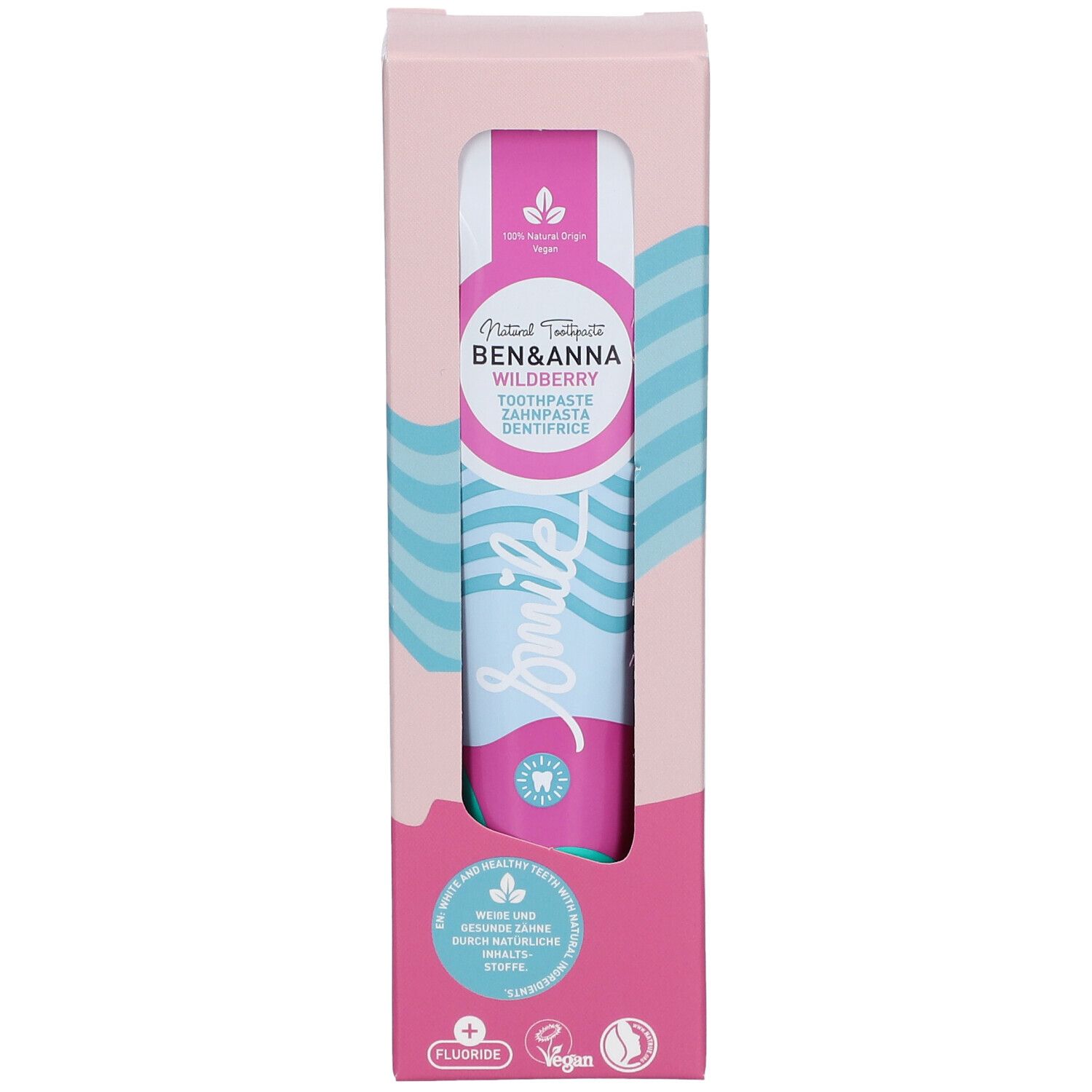 Zahnpasta in Verpackung. Rosa-weißes Design mit Produktnamen und Logo. Sichtbare Tube mit blau-rosa Wellenmuster.